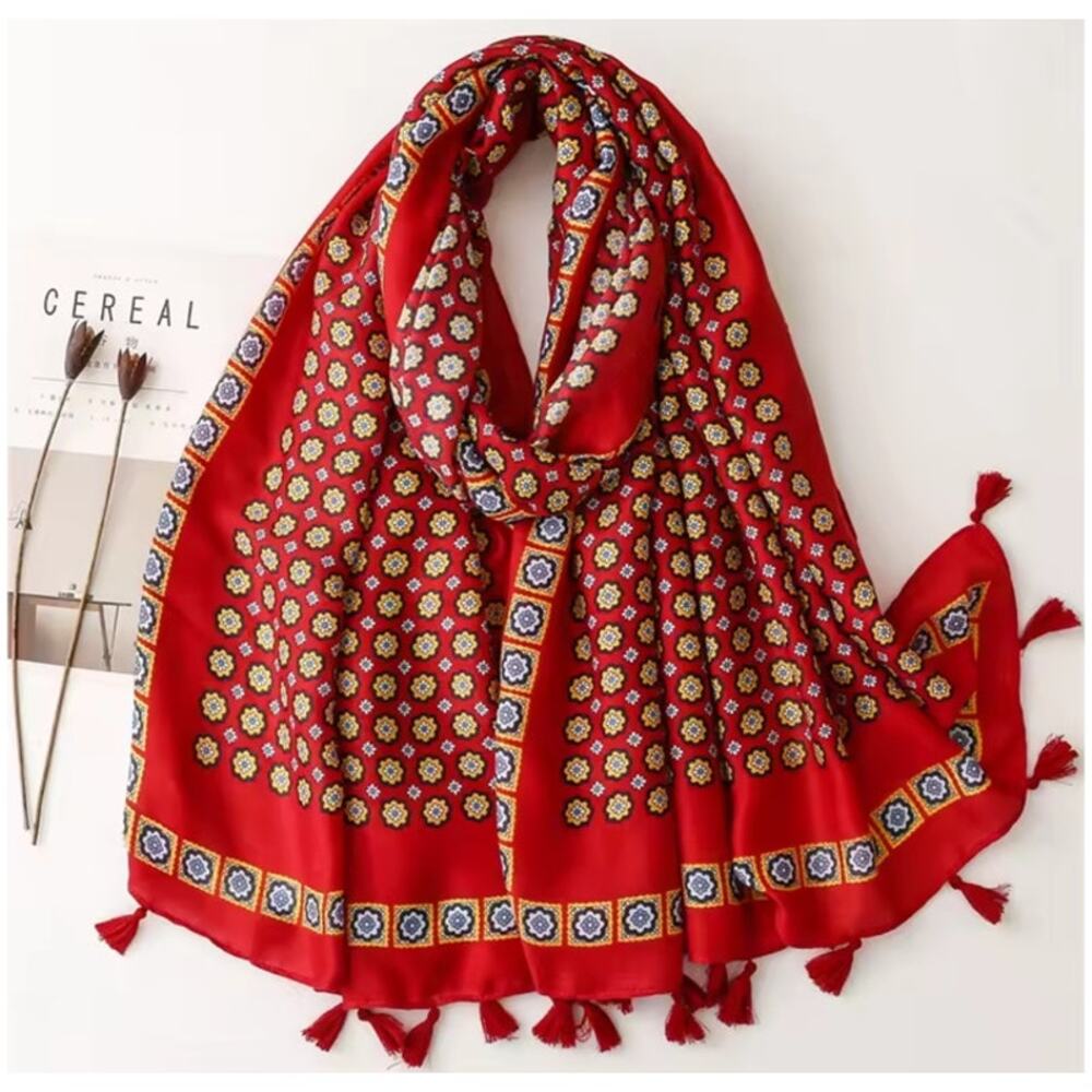 NEW Boho Floral Design Tasseled Rectangle Soft Chic Scarf Large Red Yellow Blue